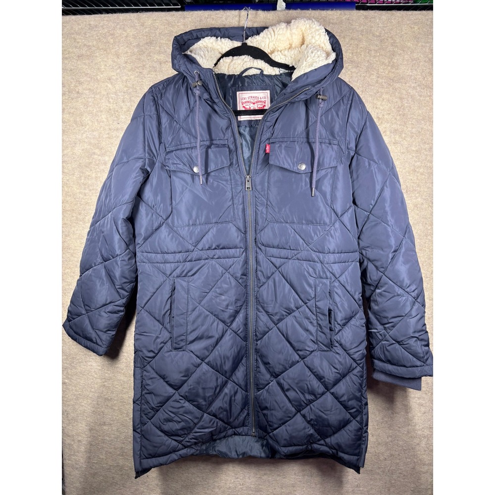Levis‎ Womens Quilted Parka Jacket Navy Blue Sherpa Lined Hood Size S Small